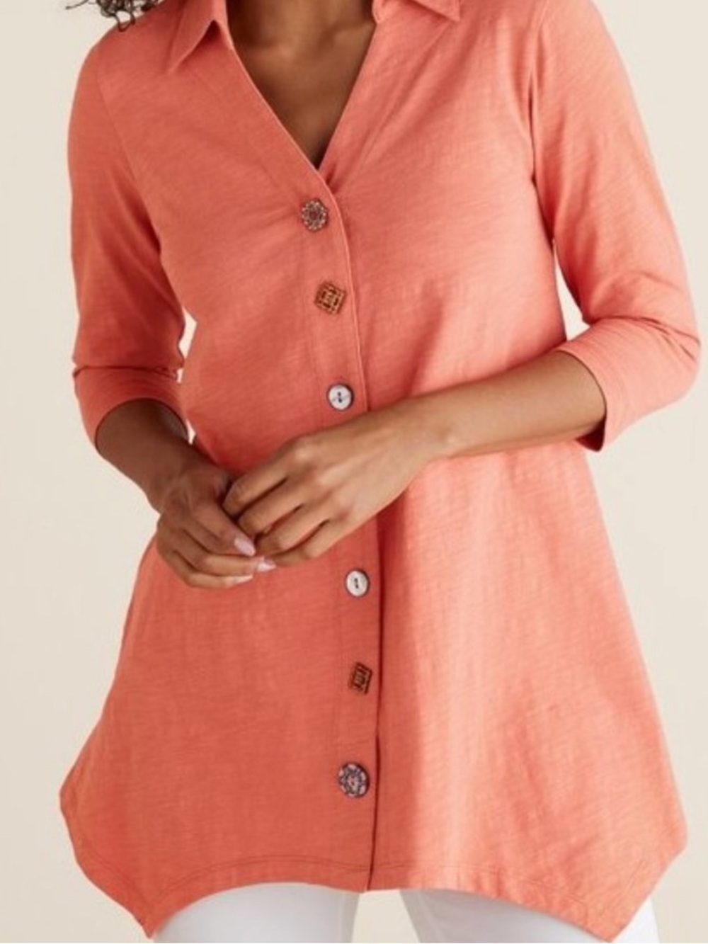 Soft Surroundings Danielle Button Top Small Apricot Coral Orange Brandy Color S